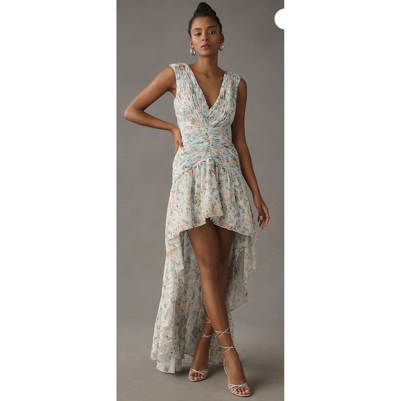 Mac Duggal Dresses & Skirts - Mac Duggal Floral Print Ruched Cap Sleeve High Low Gown Blue Multi Size 6